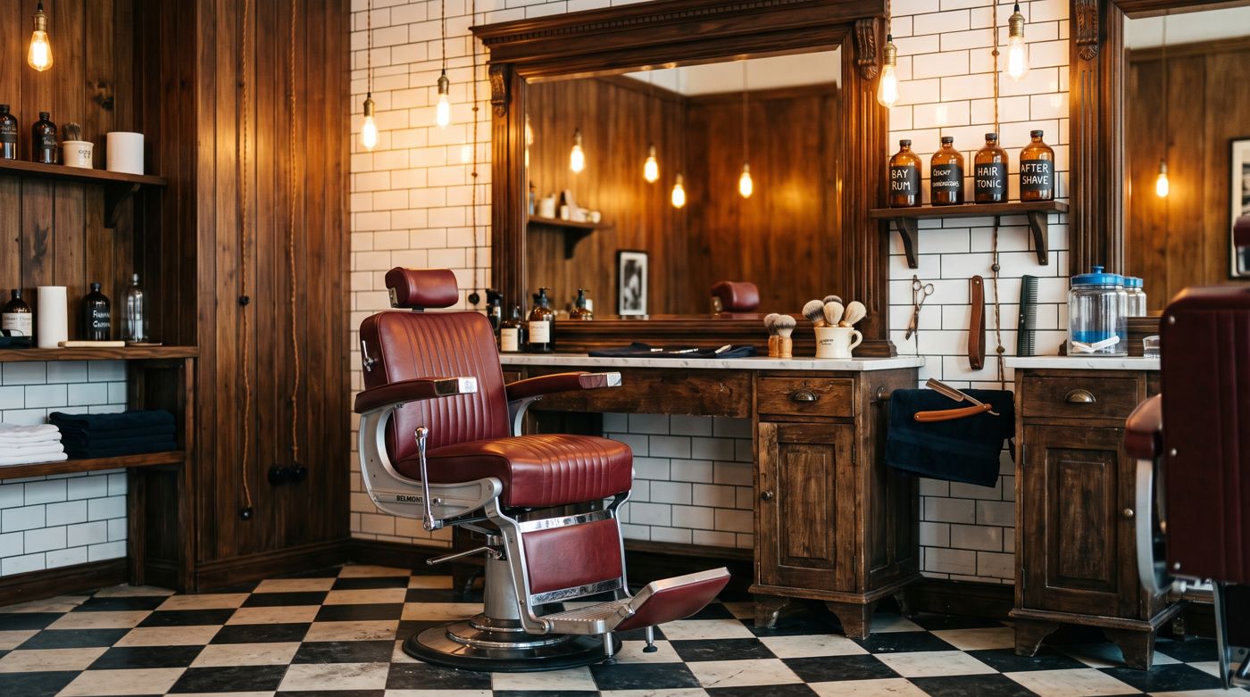 Interior de la barbería: sillón de cuero frente al espejo